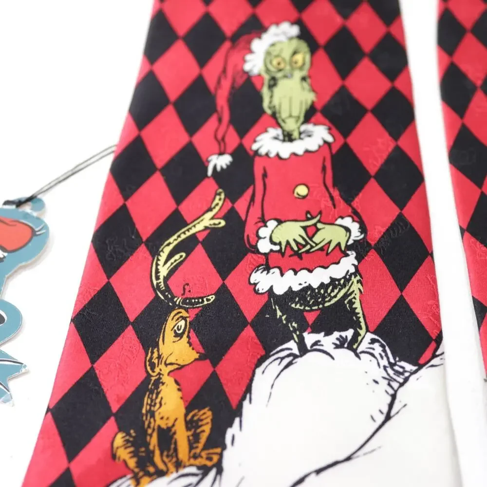 Vtg Dr Seuss Grinch Christmas Tie Mens in Silk Wide Santa Max Dog Reindeer